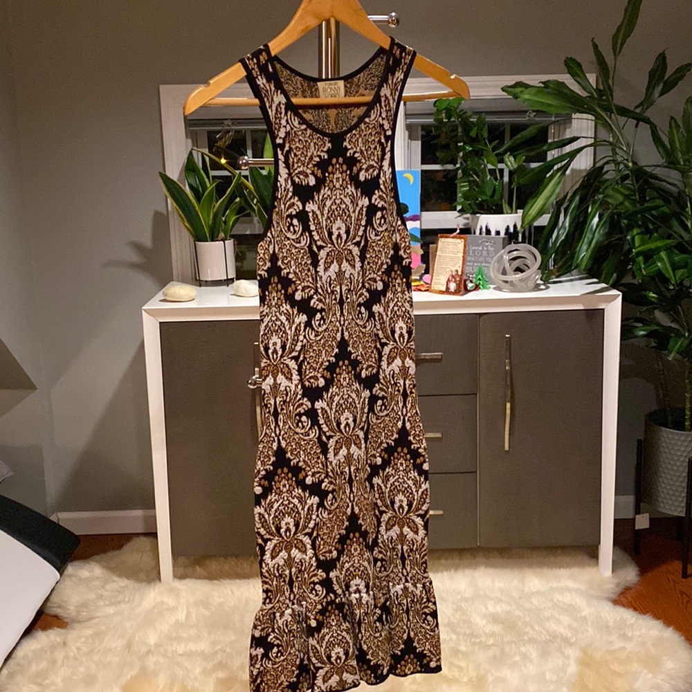 Torn by RONNY KOBO Printed mini dress NWOT black, gold and tan Size XS
